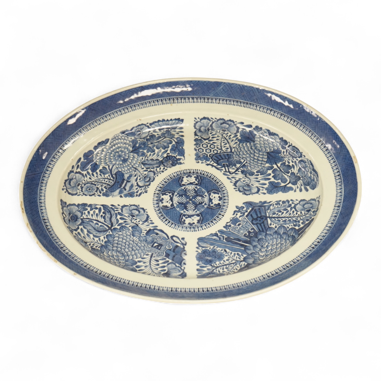 A large Chinese export blue and white oval meat dish, early 19th century, 45cm wide